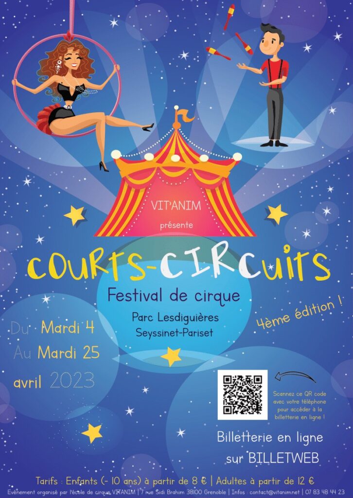 Affiche descriptive du programme du festival court circuits de l'école de cirque vit'anim du 4 au 25 arvil