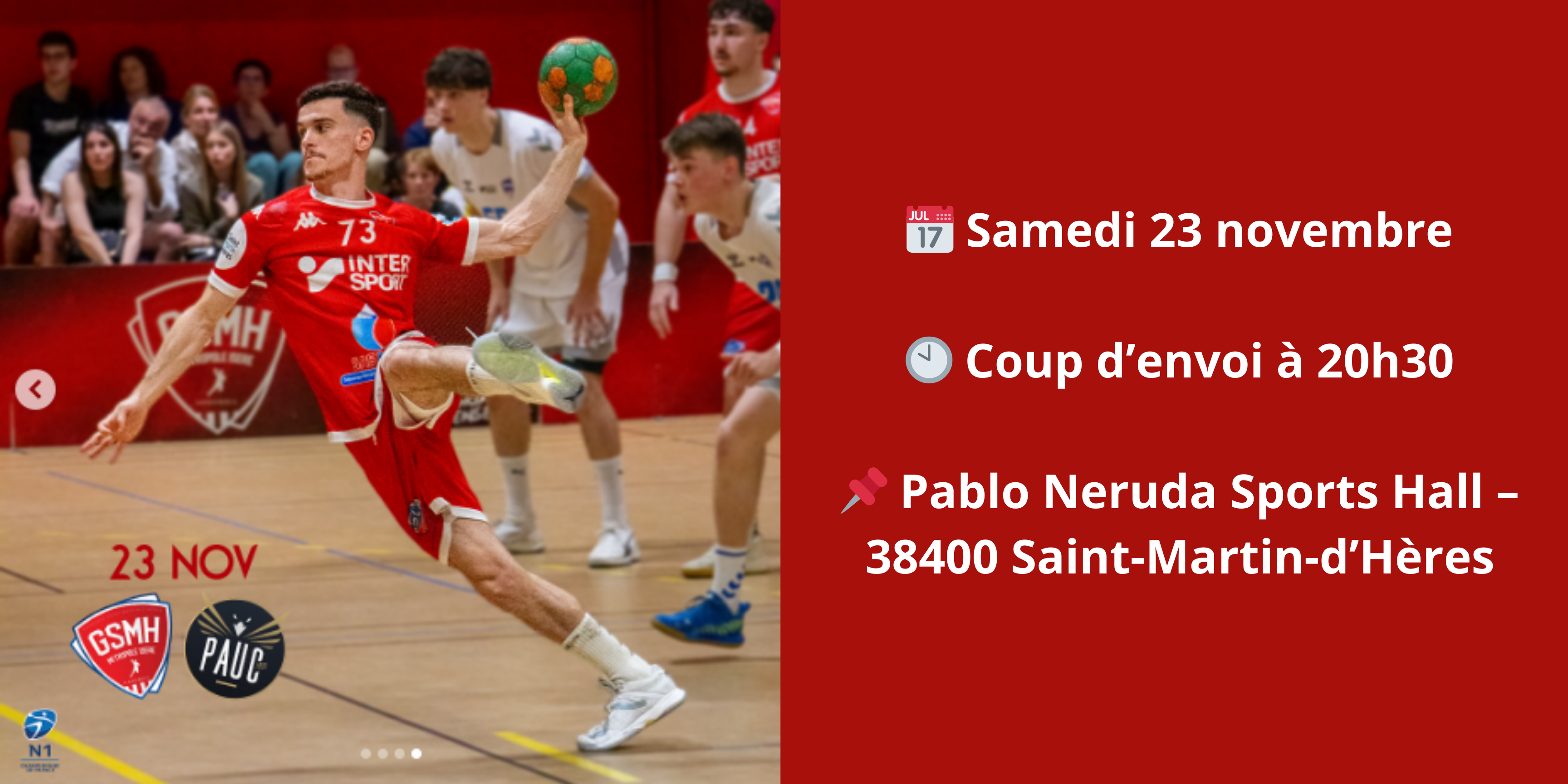 Championnat Nationale 1 masculin de handball par le GSMH 38 le 23 novembre 2024